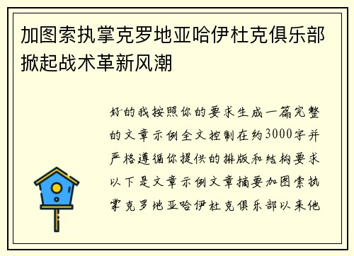 加图索执掌克罗地亚哈伊杜克俱乐部掀起战术革新风潮 加图索执掌克罗地亚哈伊杜克俱乐部掀起战术革新风潮